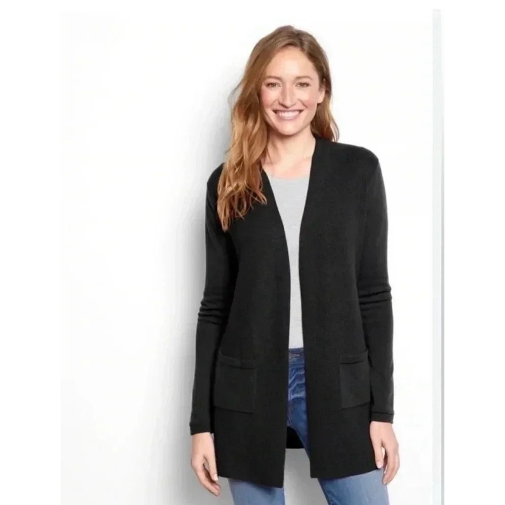 Orvis Black 100% Merino Wool Open Front Cardigan Sweater Shawl Collar Italy XL